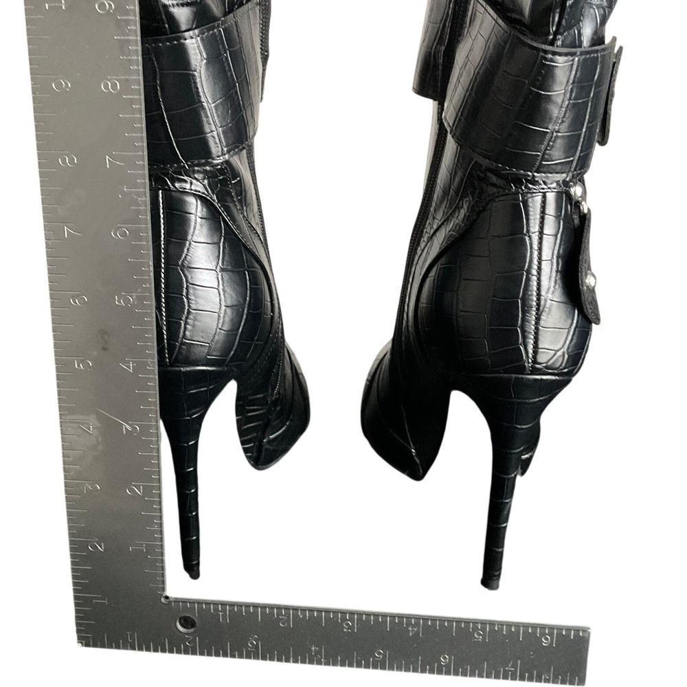 Azalea Wang Black Croc Pointed Toe Buckle Stiletto Knee High Boots Sz 11 - Picture 10 of 16